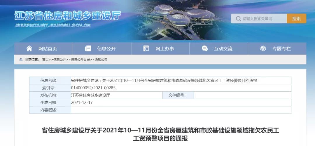 1232個建設項目被列入江蘇省10-11月份拖欠農民工工資預警項目! 1232個建設項目被列入江蘇省10-11月份拖欠農民工工資預警項目!